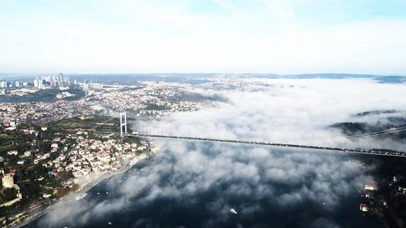 amazing view of istanbul two continent in foggy day from drone shot alt