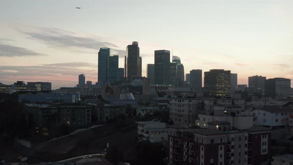 Breathtaking Wide Shot Towards Downtown Los Angeles, California Skyline at Sunset alt