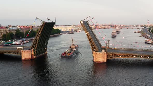 Aerial Landscape with Warships in the Neva River Before the Holiday of the Russian Navy at Early alt