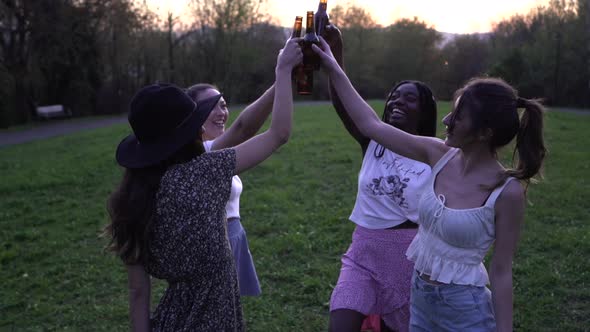 Company of multiracial female friends clinking bottles in park at sunset alt