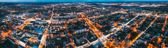 Brest, Belarus. Cityscape Skyline In Evening Illuminations. Night Bird\'s-eye View Of Brest Market
