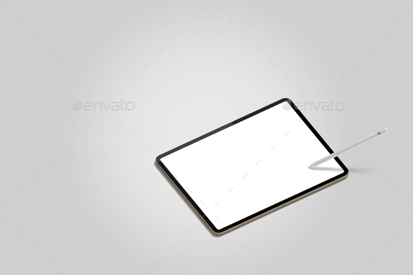 Above view digital tablet with empty display, stylus pen on white desk  workspace - Stock Photo - Images