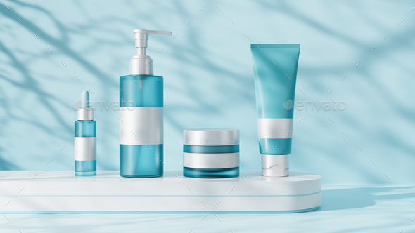 Set of unbranded cosmetic products on white podium. Cosmetics for skin care.  - Stock Photo - Images