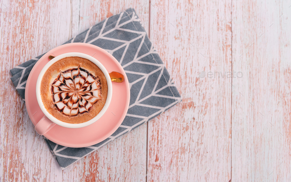 pink cup of latte coffee art,sweet vintage tone for women,relax refresh with hot drink,valentine day - Stock Photo - Images