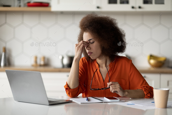 Eyes Strain. Overworked Black Freelancer Woman Tired After Using Laptop At Home