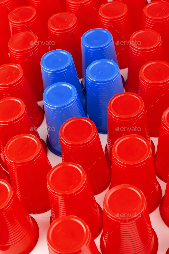 Large group of disposable plastic cups, red and blue Stock Photo by