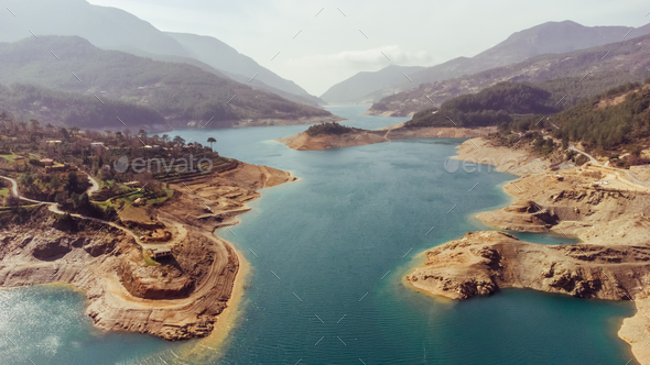 Aerial view of river with turquoise fresh water. Nature travel background. - Stock Photo - Images