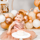 Little redhead baby girl celebrates first birthday. Cake crash smash, hands eating. 1 year family  - PhotoDune Item for Sale
