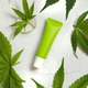 Green Blank Cream tube near green cannabis leaves on white table top view. Cosmetic Mockup - PhotoDune Item for Sale
