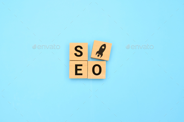 SEO text on wooden cube, Search engine optimization ranking, SEO
