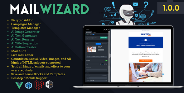 MailWizard Addon For Bicrypto  AI Image Generator, AI Content Generator, Drag&Drop Email Editor