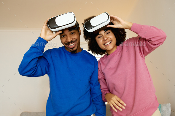 Happy Black Spouses Posing With VR Glasses At Home - Stock Photo - Images
