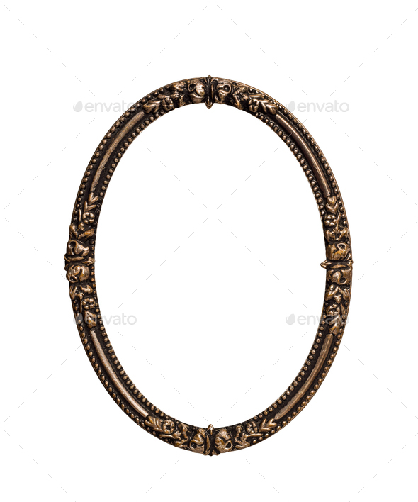 Golden metal decorative ornate oval picture frame isolated cutout