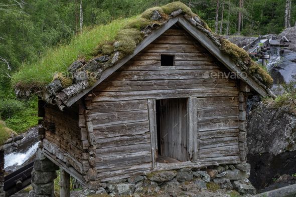 Log cabin hut Norway Norwegian Scandinavia Nordic waterfall