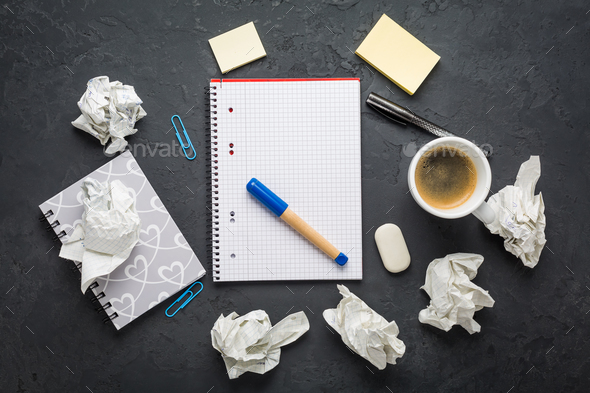Crumpled wads, sheet of white paper, coffee and idea, brainstorming concept - Stock Photo - Images