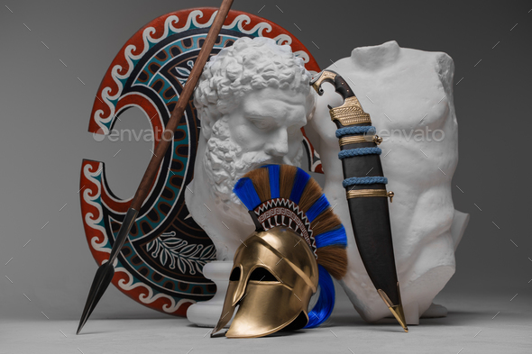 Ancient greek marble sculpture with military equipment - Stock Photo - Images