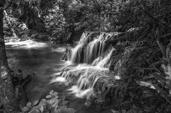 Cascade waterfalls. Krushuna falls in Bulgaria, black and white - Stock Photo - Images