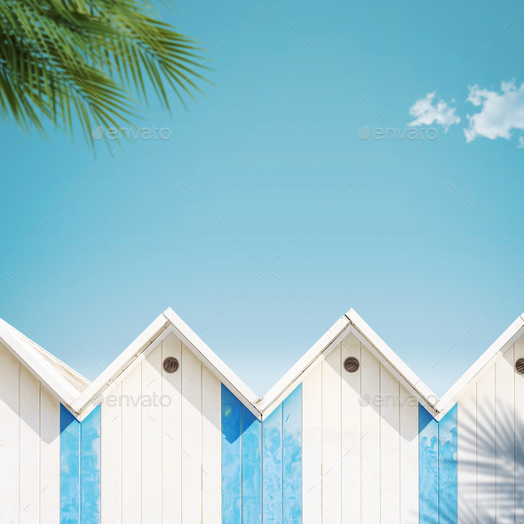 Beach huts and palm trees - Stock Photo - Images