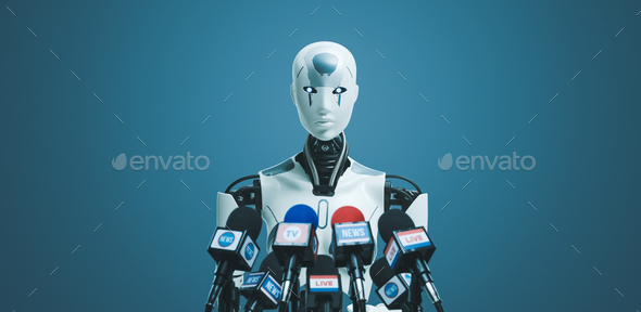 Android AI robot speaking at the press conference - Stock Photo - Images