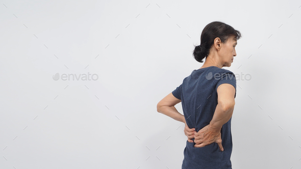 Asian senior or older woman had a back pain posture on white background.