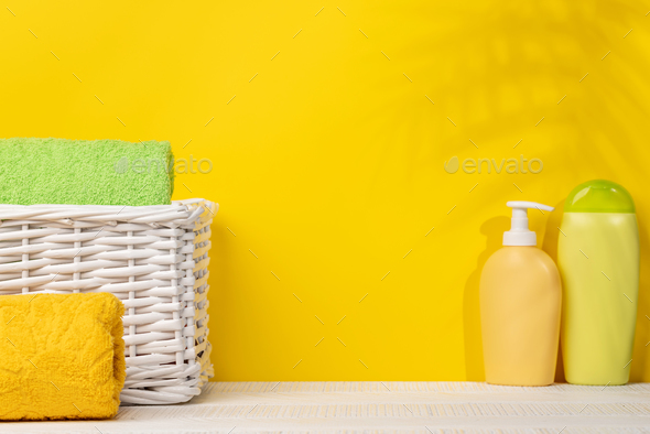 Body care items and bathroom towels - Stock Photo - Images