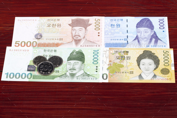 South Korean money - coins and banknotes - Stock Photo - Images