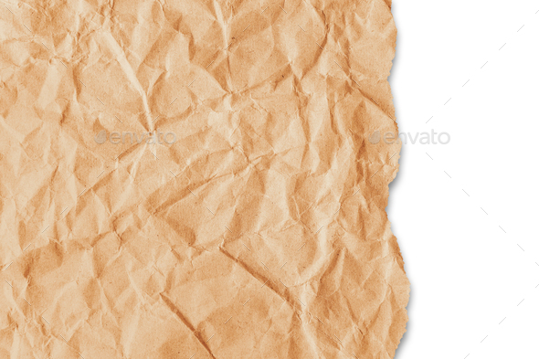 Recycled crumpled orange paper texture with a torn edge isolated on white background - Stock Photo - Images