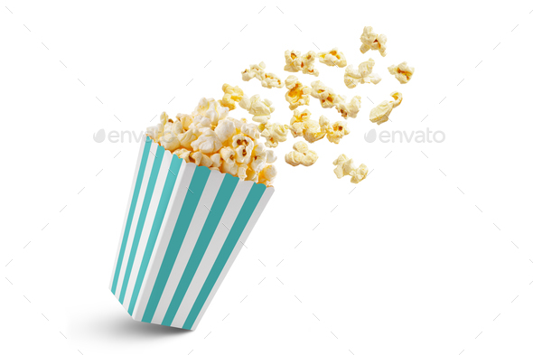 Popcorn Flying Out Of Turquoise White Striped Paper Box, Isolated On White Background - Stock Photo - Images