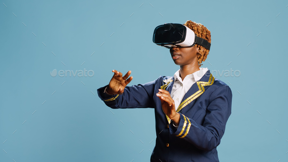 Female aviation worker using virtual reality glasses