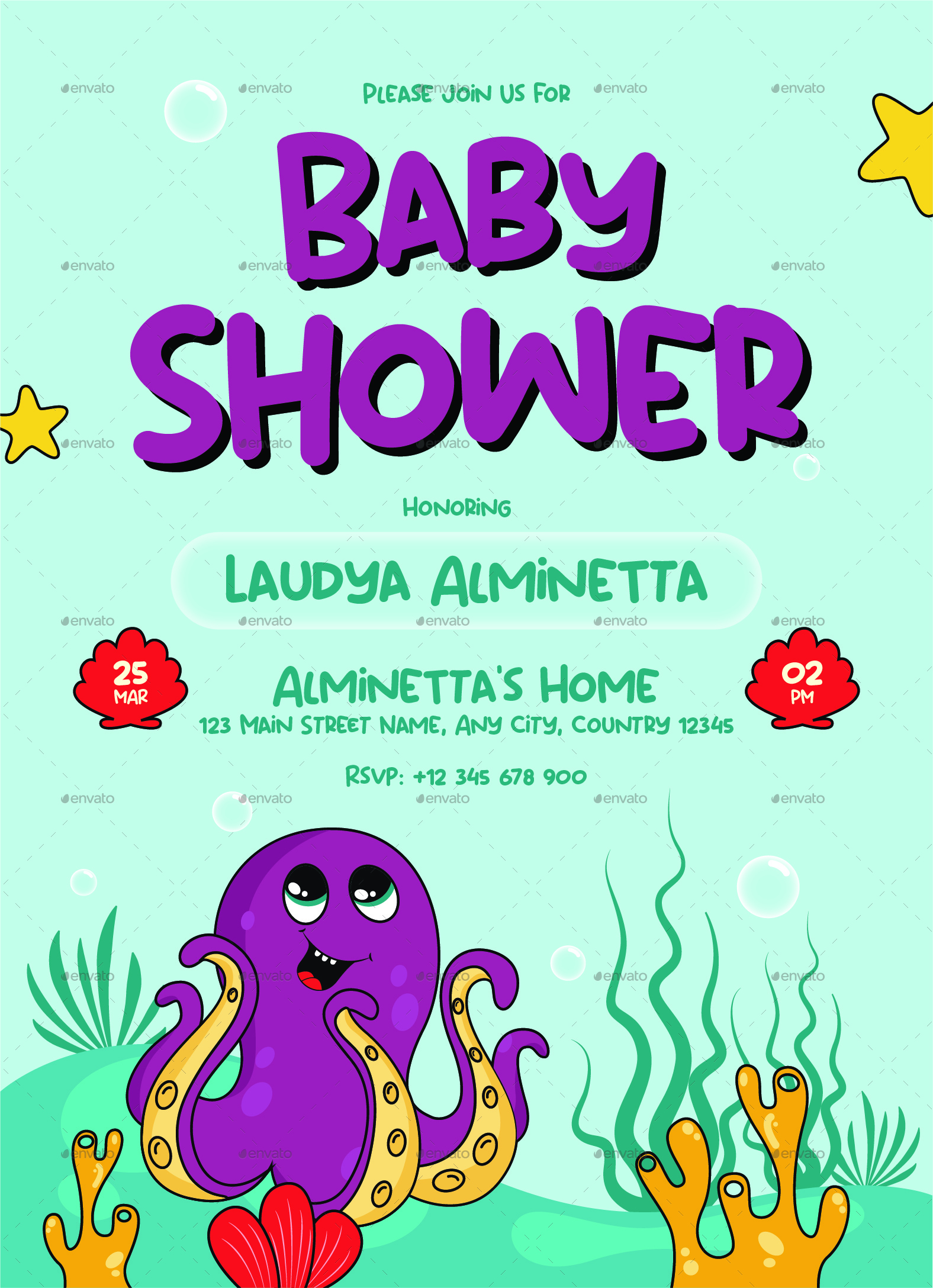 Baby Shower Invitation Sea Octopus Theme, Print Templates GraphicRiver