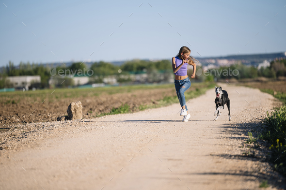 Beautiful young blonde woman running in the field with her greyhound dog. - Stock Photo - Images