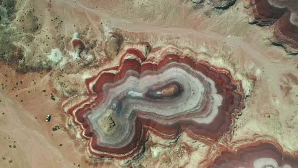 Bentonite Hills Mars-like Landscape Near Hanksville, Utah, USA - aerial top down alt