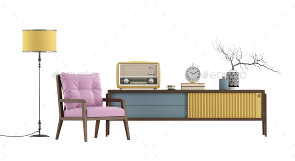 Retro style sideboard and pink armchair on white - Stock Photo - Images