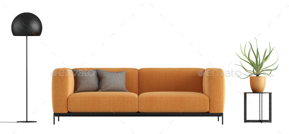 Minimalist orange sofa isolated on white - Stock Photo - Images