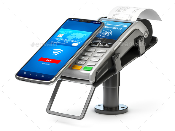Contactless  payment with smart phone. POS terminal with NFC mobile phone isolated on white. - Stock Photo - Images