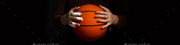Banner 4x1 Concept Women's sport. Hands hold the ball. One hand in tapes. Second hand with manicure