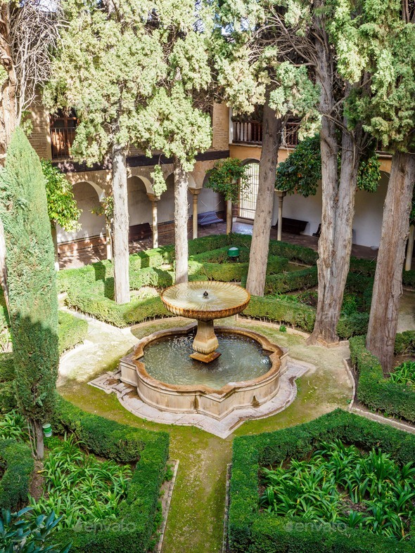 Gardens of Nasrid palaces of Alhambra in Granada, Spain - Stock Photo - Images