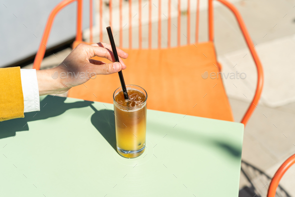 Iced bumble Coffee drink on summer terrace.  - Stock Photo - Images