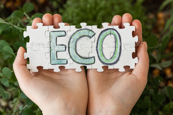 Puzzle with the inscription Eco in hands on the background of microgreens. - Stock Photo - Images