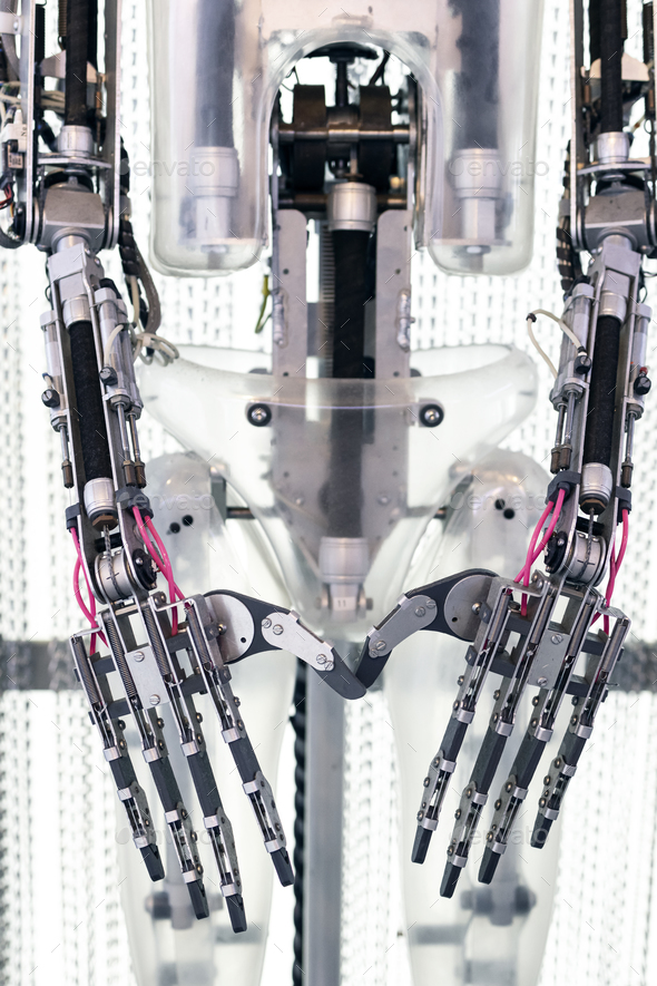 Five fingered robot arm and hands close up. Robotic technology - Stock Photo - Images