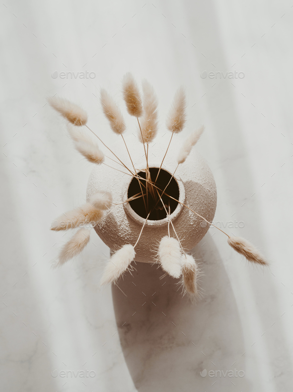White ceramic vase with dried flowers on white background with shadows
