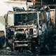 Semi truck engulfed by fire flames after traffic accident is burned and damaged - PhotoDune Item for Sale