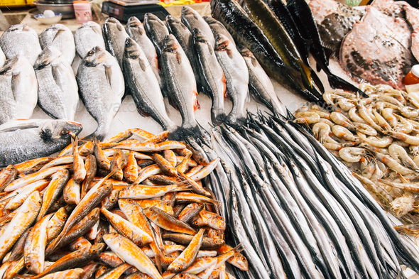 Fresh garfish Fish - Belone belone - On Display On Ice On Fishermen Market Store Shop. Seafood Fish - Stock Photo - Images