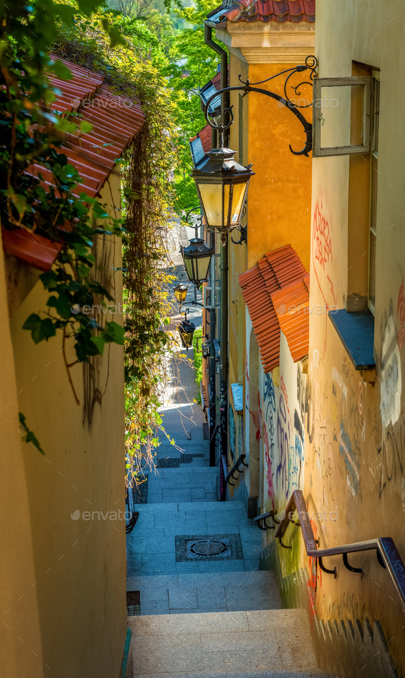 Narrow street with stairs - Stock Photo - Images