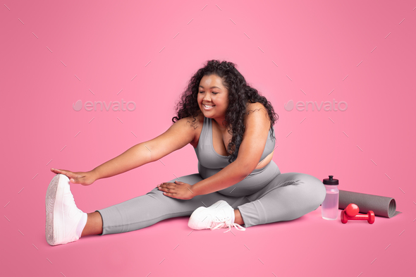 Body positive plus size woman doing yoga poses Vector Image