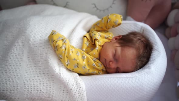 Newborn in a Yellow Jumpsuit Lies in a Retainer of the Child in a Crib alt