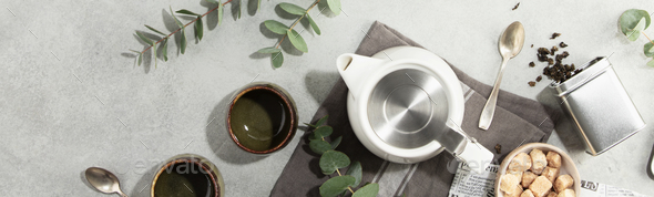 Tea time concept, banner, top view, flat lay - Stock Photo - Images