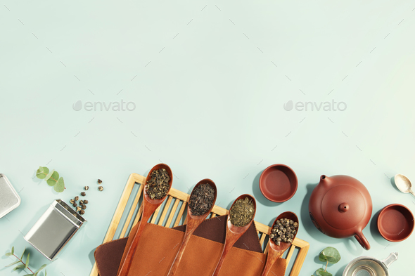 Beautiful set for traditional tea ceremony and tea collection in wooden spoons  - Stock Photo - Images