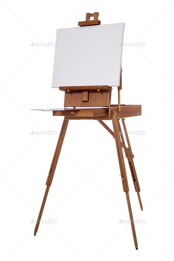 Portable foldable easel with canvas for oil painting on location isolated on white background - Stock Photo - Images