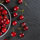Fresh Red Ripe Sweet Cherry With Water Drops On Plate On Black Slate Background. - PhotoDune Item for Sale